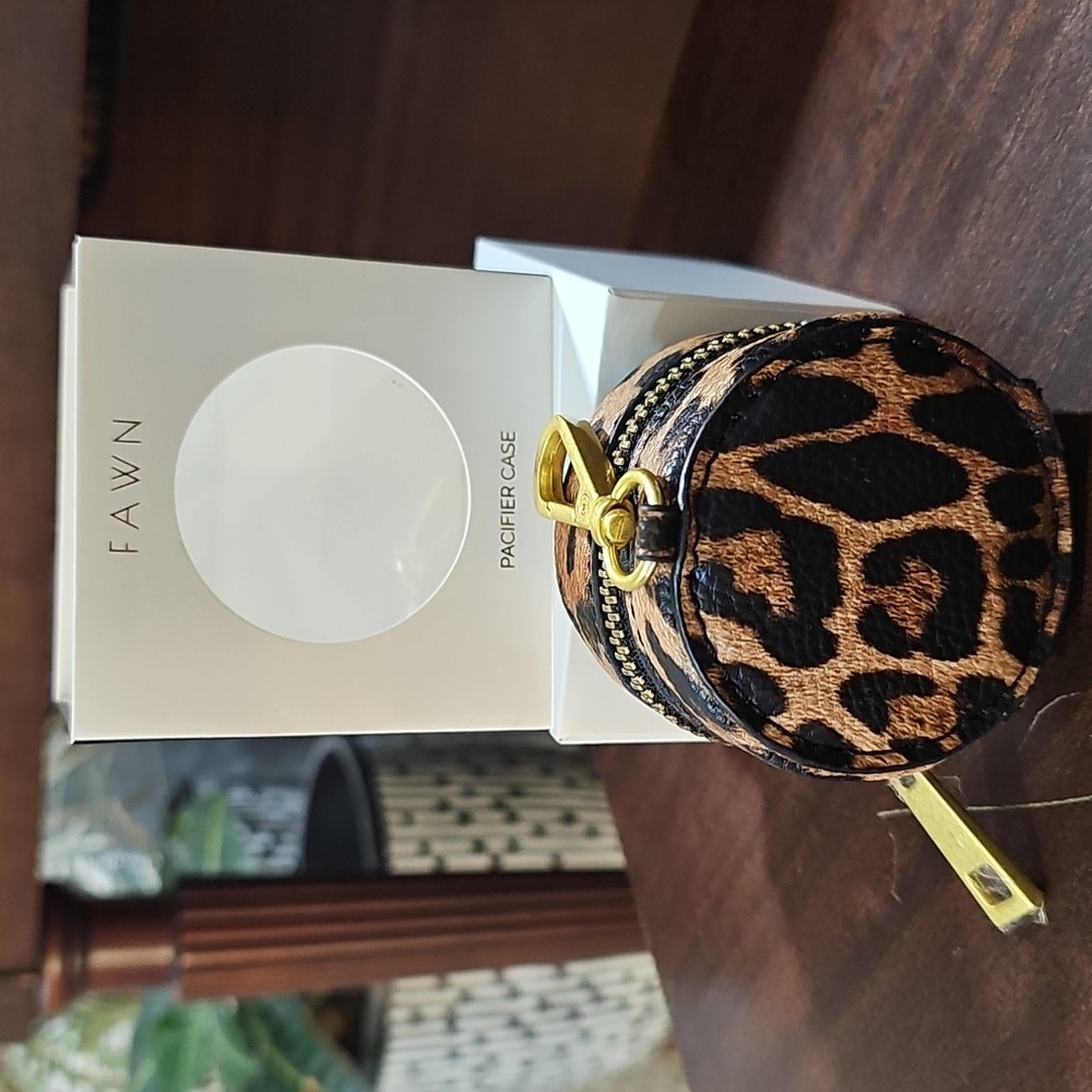 NEW Fawn Design Pacifier Case Leopard Print Faux Leather Holder Hook Zip